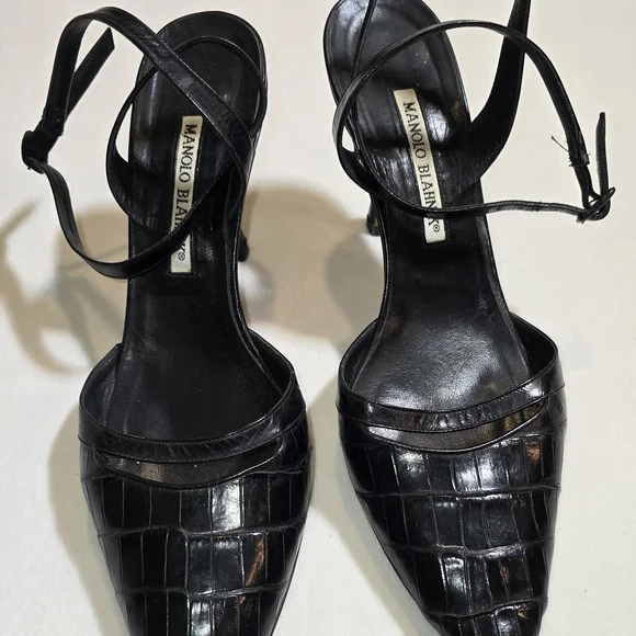 Authentic Manolo Blahnik Croc-Embossed Pointed Toe Slingback Heels 38.5